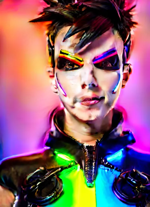 Image similar to hyperrealistic style portrait of tracer overwatch, confident pose, wearing black iridescent rainbow latex, rainbow, neon, 4 k, expressive happy smug expression, makeup, in style of mark arian, wearing detailed black leather collar, wearing sleek armor, black leather harness, expressive detailed face and eyes,