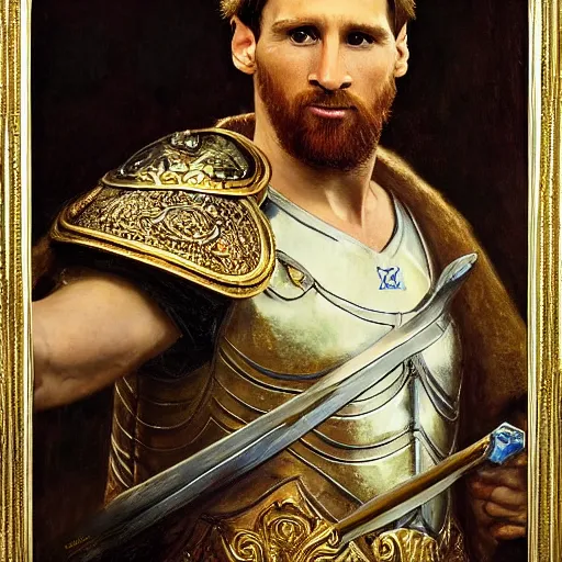 Image similar to attractive lionel messi as attractive king arthur pendragon, natural lighting, high quality, very detailed painting, by gaston bussiere, donato giancola, j. c. leyendecker