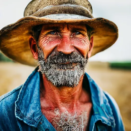 Prompt: close up face male portrait of a farmer who has just finished fighting a fire on his property