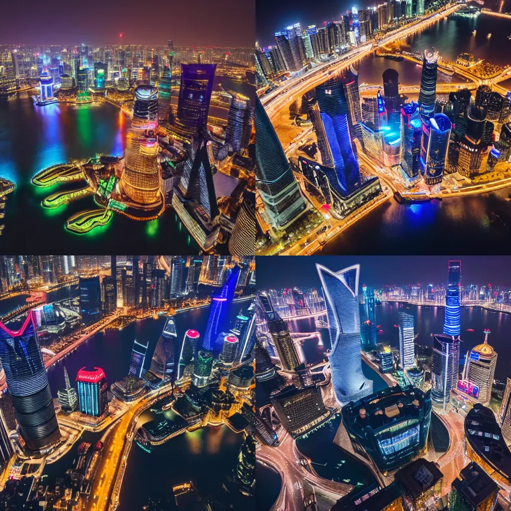 Prompt: drone footage of shanghai during night