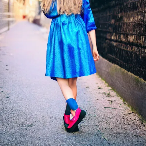 Prompt: a beautiful young woman in a blue elmer dress + sparkling ruby shoes on her feet + sense of wonder