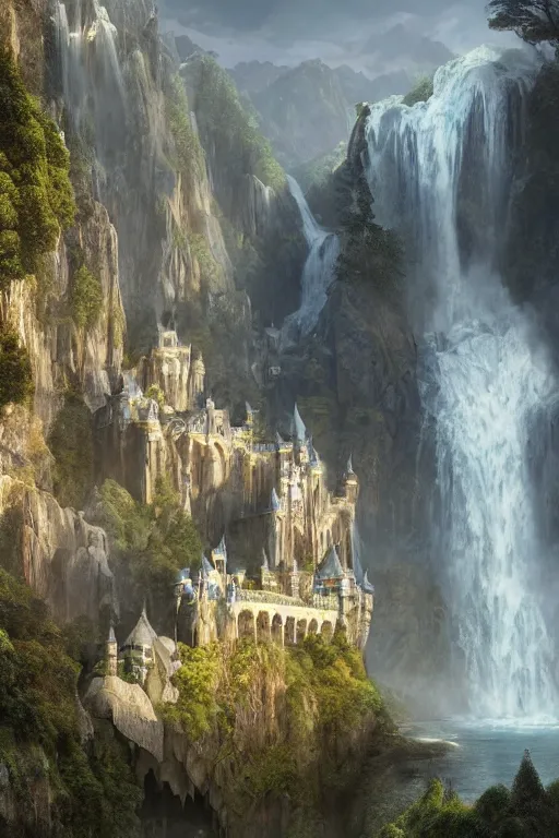 Image similar to extreme low angle shot of a beautiful elven castle made of silver above huge waterfalls, lovely valley, by James Gurney, by Greg Rutkowski, concept art, volumetric lighting, intricate, vivid colors, octane render, trending on artstation, 8k