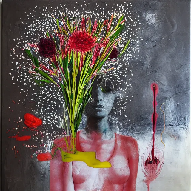 Image similar to “ a portrait in a female art student ’ s apartment, sensual, australian wildflowers, flax, flannel flower, bottlebrush, half - finished sculpture, sculpture work in progress, a candle dripping white wax, clay, squashed berries, berry juice drips, acrylic and spray paint and oilstick on canvas, surrealism, neoexpressionism ”