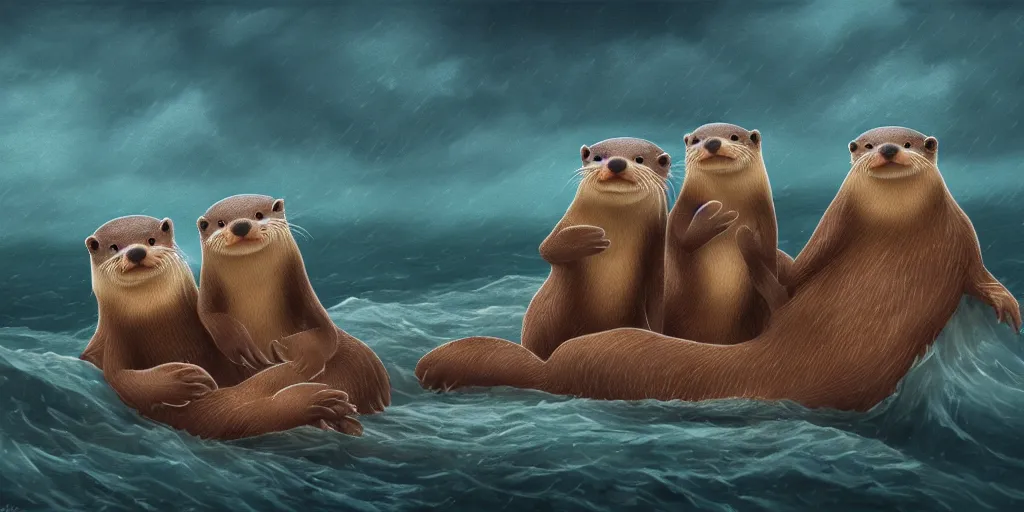 Image similar to adorable otters falling in love holding hands side by side, all alone in the middle of a scary storm at sea, fantasy illustration, cinematic, award winning, romantic, detailed trending on artstation, masterpiece