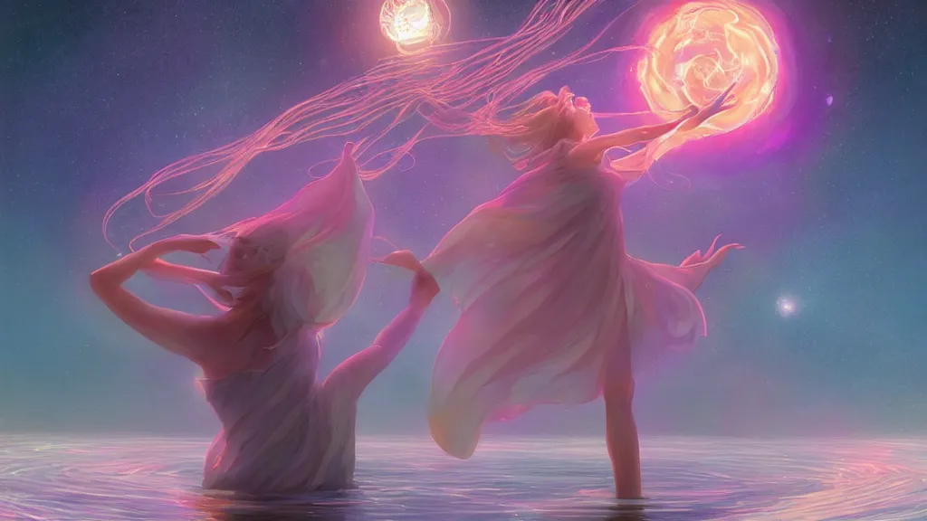 Image similar to a beautiful whimsical goddess floating above a lake basking in the moonlight, casting a spell, underneath a multi-colored binary blackhole with an accretion disc, glowing trails following her arms, acidwave, by Lois van Baarle, by Greg Rutkowski, by artgerm, by beeple, by studio ghibli, cinematic angle, volumetric lighting, 4k resolution, octane render, trending on artstation, masterpiece