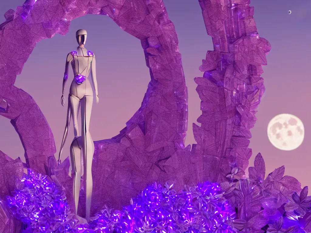 Image similar to beautiful mannequin sculpted out of amethyst by billelis + lit with 3 d geometric neon + facing a doorway opening with neon pink geometric fractal light + flowering hosta plants!!!, moon + city of los angeles in background!! dramatic, rule of thirds, award winning, 4 k, trending on artstation, photorealistic, volumetric lighting, octane render