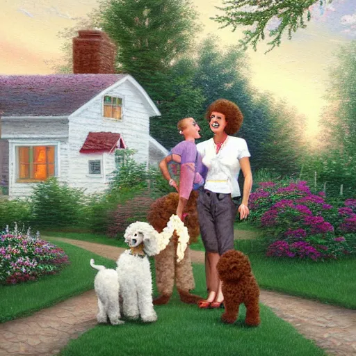 Prompt: painting of a hipster mom, hipster dad, curly headed baby and brown poodle in front of a white single story 1 9 5 0's farm house, in the style of thomas kinkade