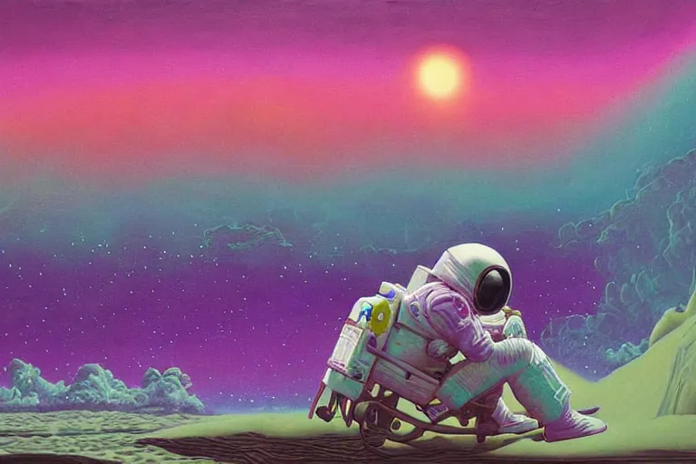 Prompt: surreal painting by chesley bonestelll!!, an astronaut sitting in the sand + a river + psychedelic vegetation + purple, pink, blue + planets and stars + mystic fog, 5 0's vintage sci - fi style, rule of third!!!!, line art, 8 k, super detailed, high quality