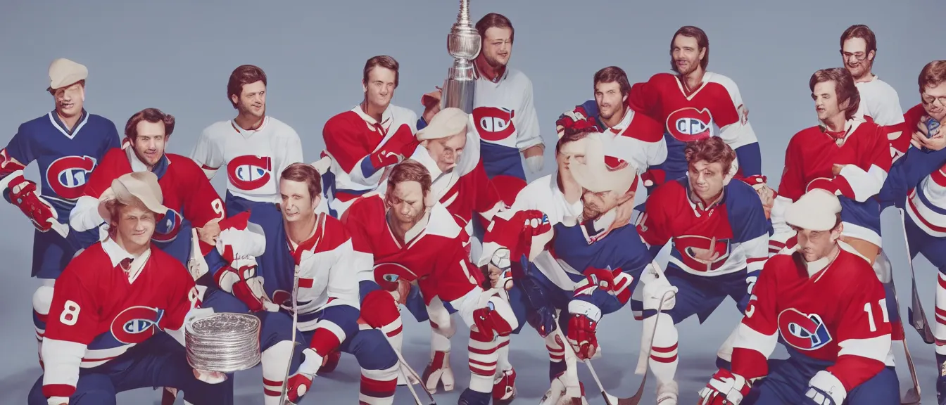 Image similar to vogue photoshoot octane render of 1 9 7 0 s habs players with white background and stanley cup, focus bright colorful pastel exotic vintage boutique hotel lounge, very short depth of field, bokeh