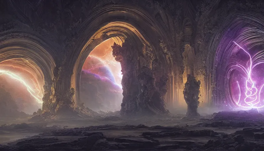 Prompt: beautiful detailed digital matte painting of a massive stone arched glowing electric nebula portal with magic pouring from it, by Gal Barkan and Greg Rutkowski and Robert Hubert, rippling magic, carved stone, intricate detail, gothic, romanesque, futuristic, dark rainbow