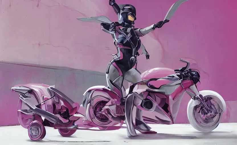 Image similar to a futuristic pink motorbike in a white room. organic painting, matte painting, bold shapes, hard edges, trending on artstation, by huang guangjian and gil elvgren and sachin teng