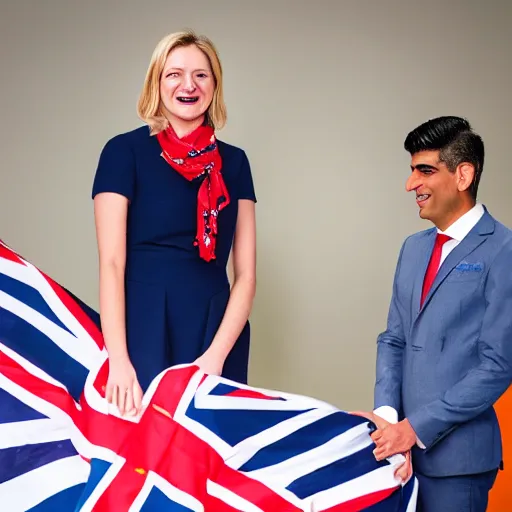 Prompt: rishi sunak and liz truss laughing, standing next to a burning union jack, studio photograph, dramatic llghting