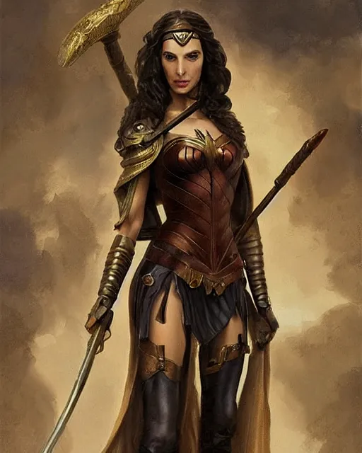 Image similar to highly detailed steampunk gal gadot standing, cape, staff : leonardo da vinci, greg rutkowski, magali villeneuve