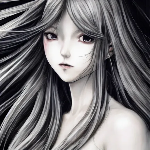 Prompt: Highly detailed Renaissance oil portrait in three quarter angle of an anime girl with long white hair fluttering on the wind and black eyes wearing office suit in the style of Yoshitaka Amano drawn with expressive brush strokes, abstract black and white patterns in the backround