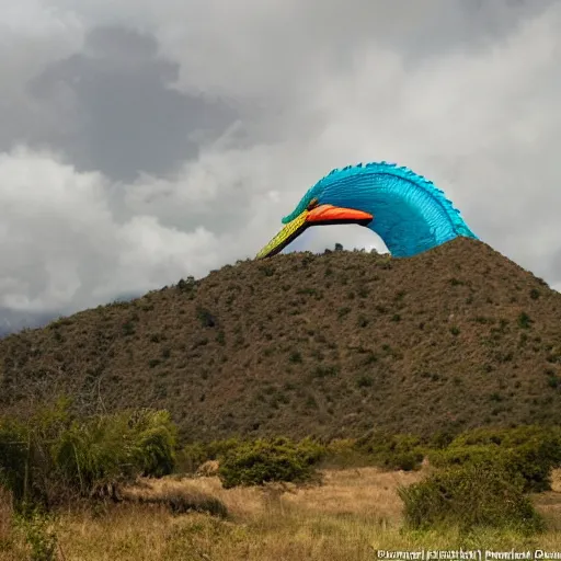 Prompt: giant blue quetzalcoatl melting up into the sky to form blue clouds