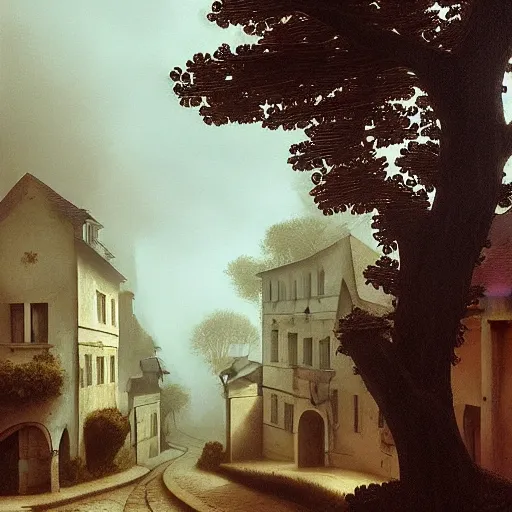 Image similar to in the style of gerald brom, caravaggio, beautiful small town, houses and buildings, 1 8 0 0 s, cobblestone roads, low light, end of day, trees, forest in the distance, light mist