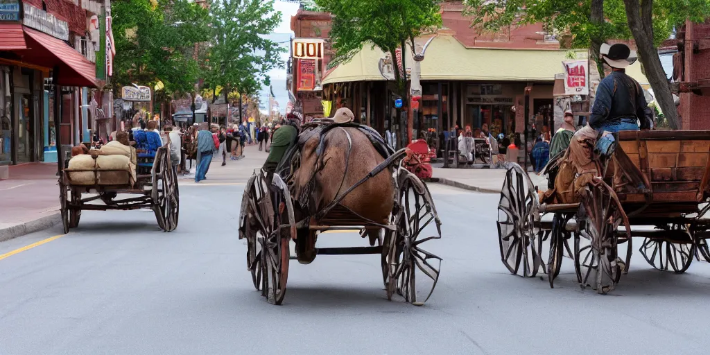 Prompt: huge cowboy pushing a wagon on a busy old west Main Street in the style of Fredrick Remington