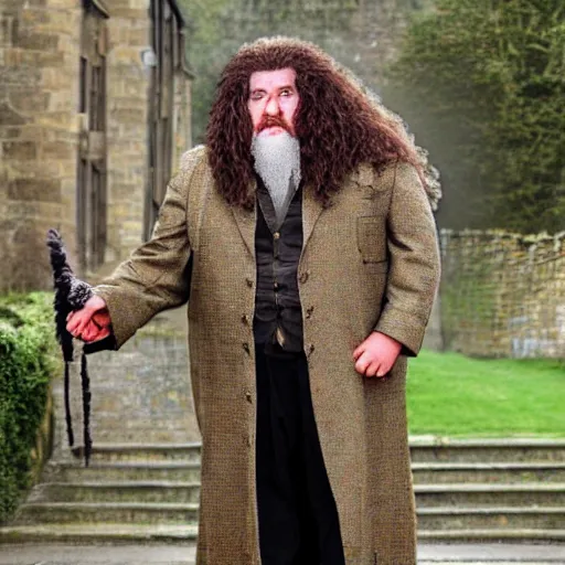 Image similar to Hagrid dressed as British royalty, photo realistic