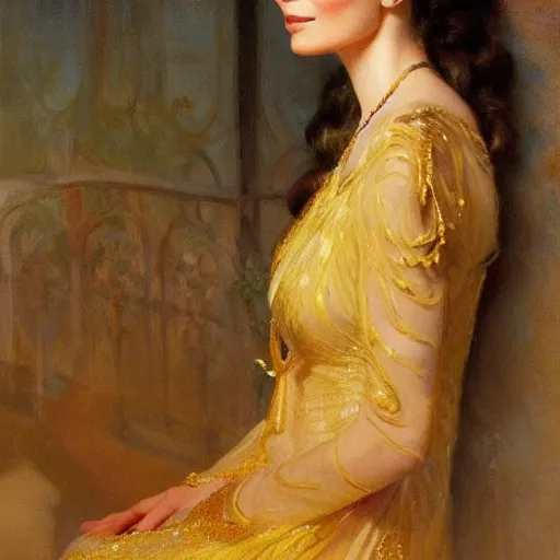 Image similar to detailed portrait of lilly collins in gold clothes, spring light, painting by gaston bussiere, craig mullins, j. c. leyendecker