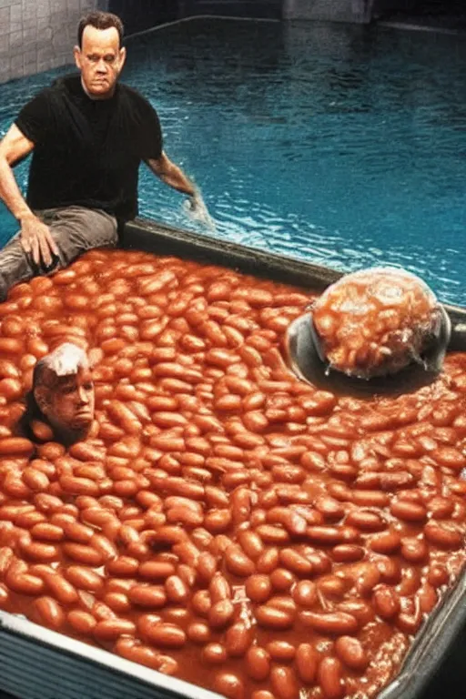 Image similar to tom hanks swimming in a pool of baked beans, realistic, moody grindhouse, dark