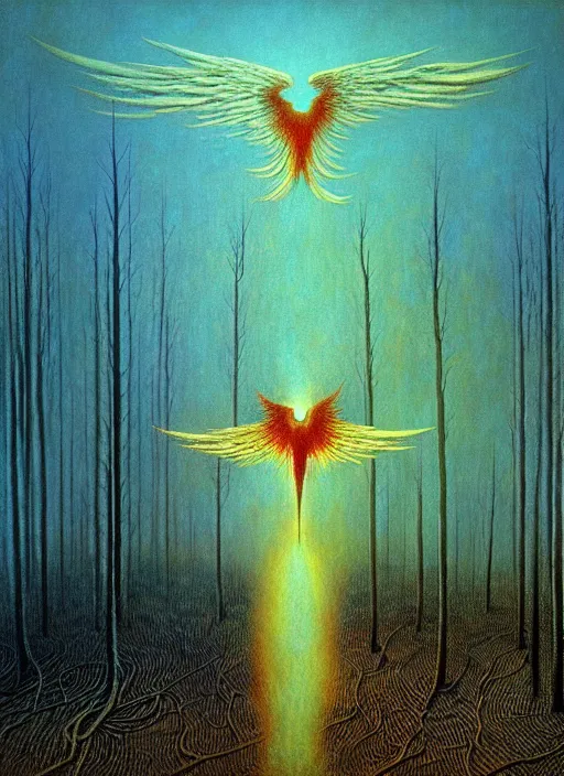 Prompt: angel with fully spread wings floating in the air surveying parched and burned forest, smoke and fire, highly intricate wings!, roots, art by zdislav beksinski!!, hdr!, rendered in unreal 5,