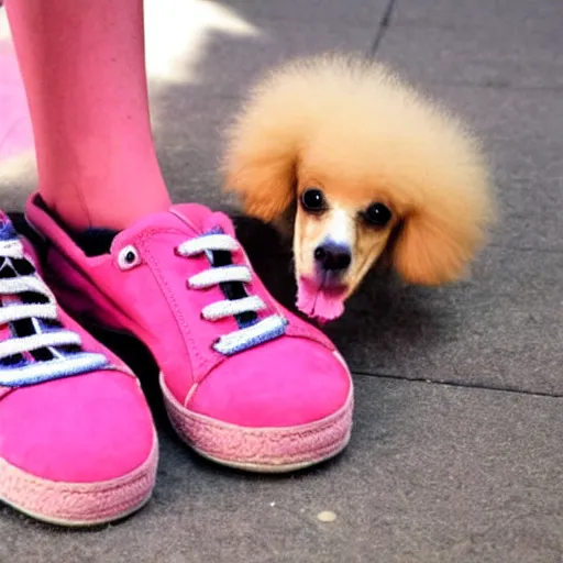 Prompt: two cute old toy poodles wearing pink shoes