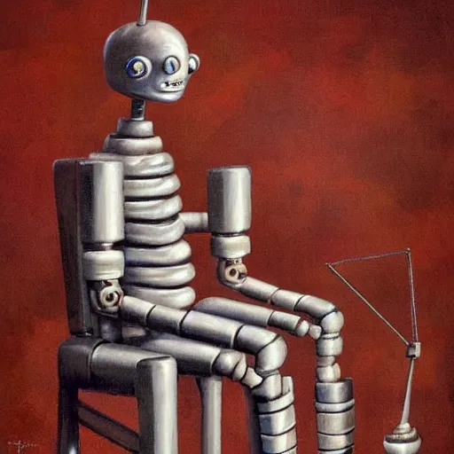 Image similar to a skinny outdated awkward robot with joints that creak and a triangular head with 2 antenna, painting by Ed Binkley