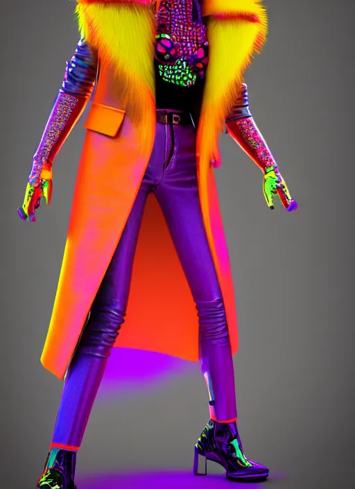 Prompt: coat for a rave, bright colors, many details, prints, photo for a magazine, photo for a store, fashion photography, Vogue, 135 mm, cinematic, hyper realism, high detail, octane render, 8k, chrome accents, perfect face model