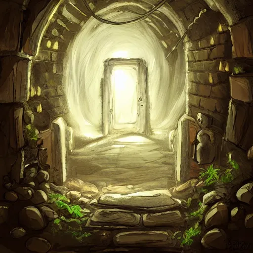 Image similar to hidden door in a secret crypt. undergound, firelight, illustration, concept art