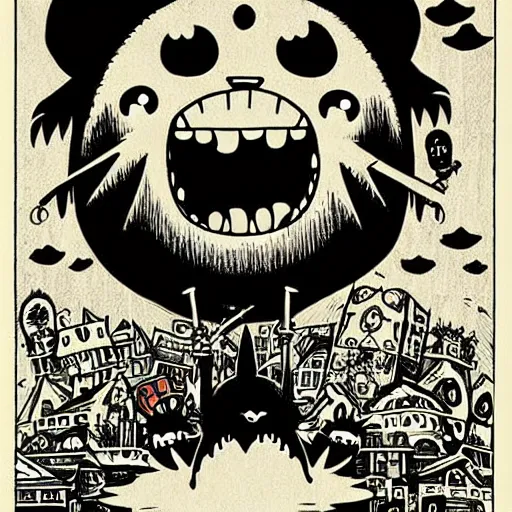 Image similar to mcbess illustration of a gigantic terrifying totoro monster with fangs and glowing eyes attacking a town, gothic, horror film, claws, sharp teeth, aggressive, violent, realistic