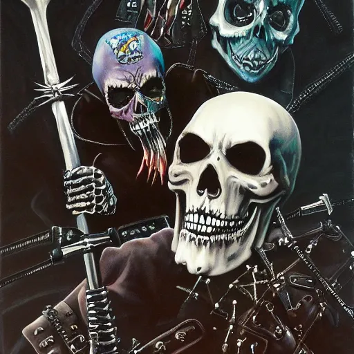 Prompt: a portrait of the grim reaper as a punk rocker, punk, skeleton face, mohawk, dark, fantasy, leather jackets, spiked collars, spiked wristbands, piercings, boots, guitars, motorcycles, ultrafine detailed painting by frank frazetta and vito acconci and will eisner, detailed painting