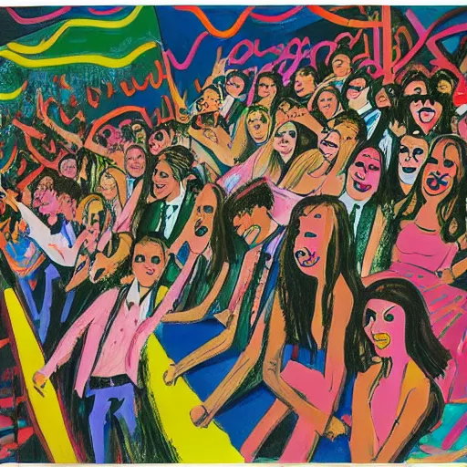 Prompt: inside the auditorium of a high school dance 1 9 8 0's, teenagers dressed up in prom outfits, dancing, room is full of people, crowded, disco light, abstract expressionism, artwork by phillip guston and ramon bruin