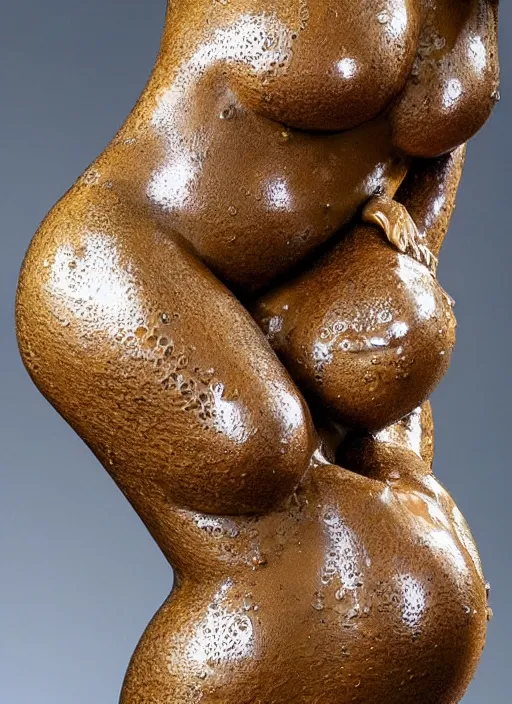 Prompt: a beautiful bronze sculpture of a pregnant woman with honeycomb cutouts pulling wet dripping honey from her womb