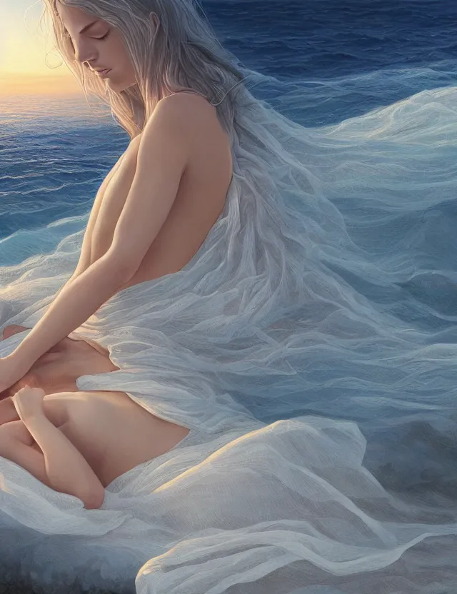 Prompt: A woman sleeping covered by the ocean, masterpiece digital painting by Alex Grey, Greg Rutkowski, 4k wallpaper