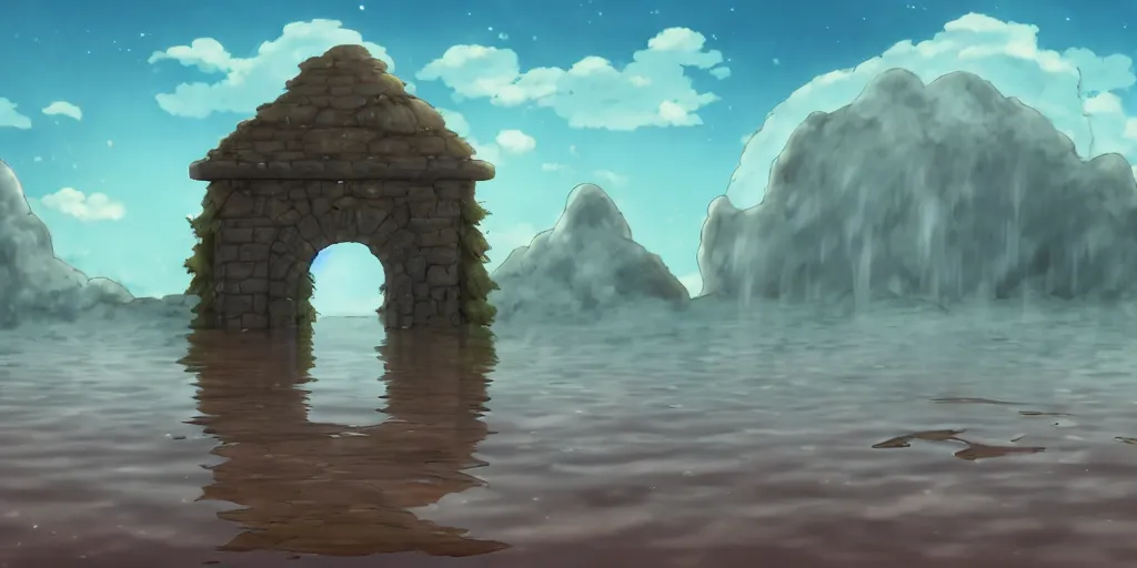 Image similar to a cell - shaded studio ghibli concept art study of a portal in the air over a flooded desert on a misty starry night. a waterfall is flowing out of the portal. very dull colors, hd, 4 k, hq