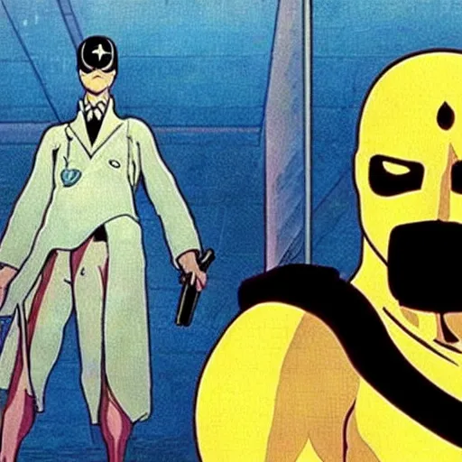 Image similar to “Movie stills from a Watchmen Anime adaptation by Hayao Miyazaki.”