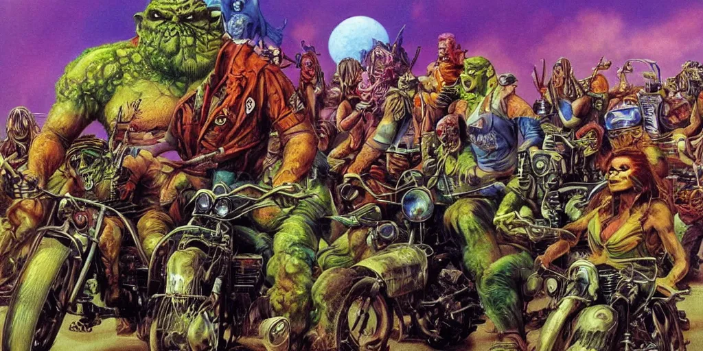 Image similar to psychedelic post apocalyptic orcish biker gang, sharp focus, psychedelic colors, boris vallejo, michael whelan