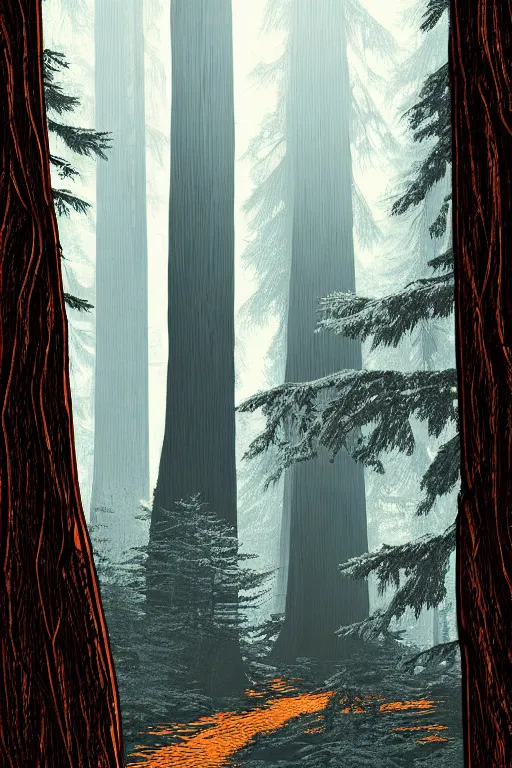 Image similar to a beautiful woodcut print of a redwood forest, 8 k, frostbite 3 engine, cryengine, dof, trending on artstation, digital art, crepuscular ray, art by roy l davies and tugboat printshop