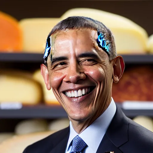 Prompt: Obama smiling and selling you very expensive cheese, 40nm lens, shallow depth of field, split lighting