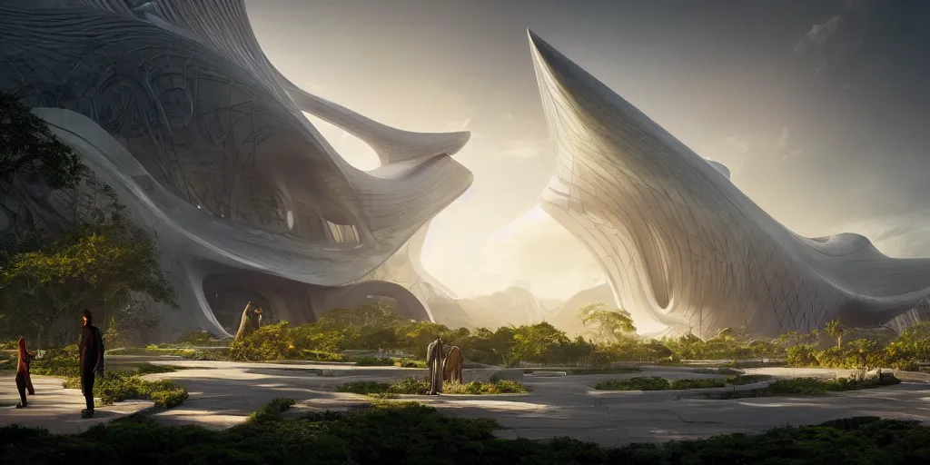 Image similar to garden of eden, by tim blandin and arthur haas and bruce pennington and john schoenherr, big windows architecture by zaha hadid, octane render, warm colour scheme, white, cinematic, scenery, cgsociety, modernism, futuristic, trending on artstation, sci - fi, high detail, high quality, close up angle, people walking