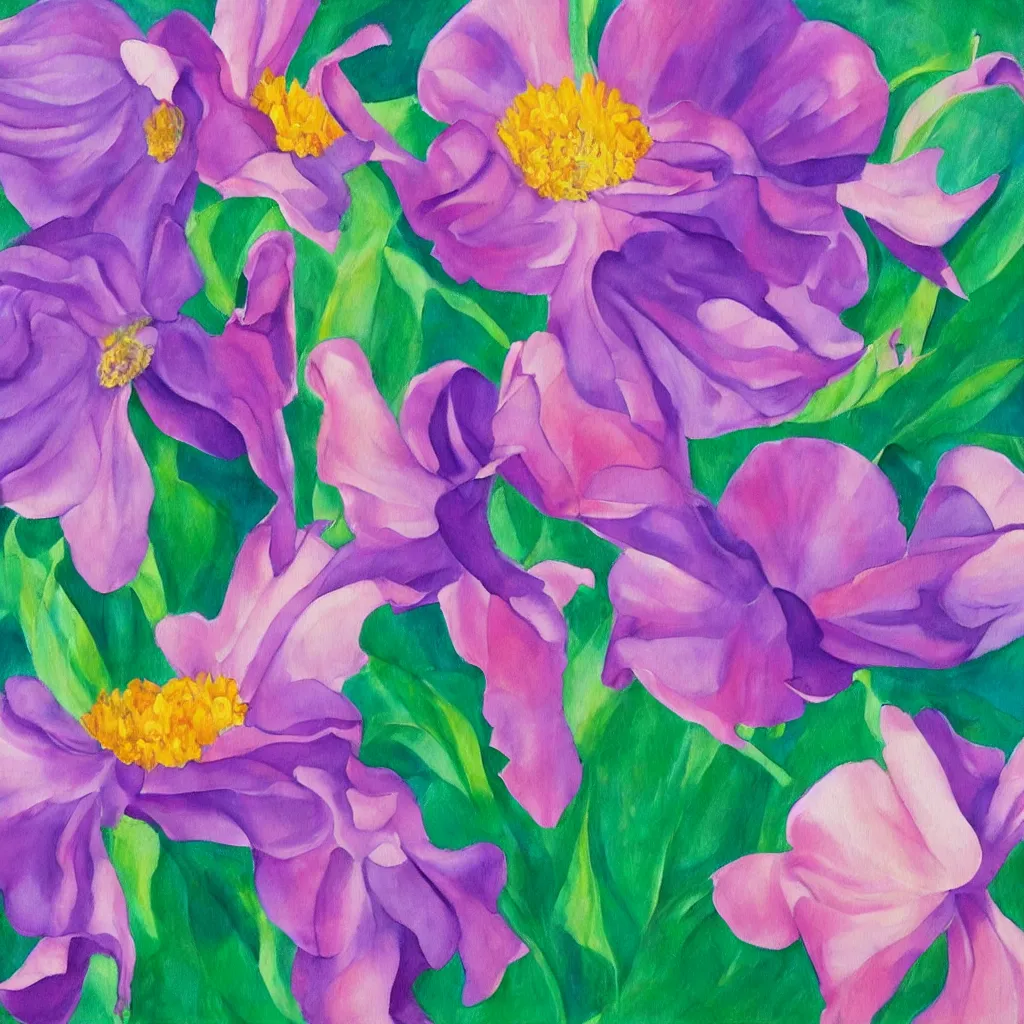 Image similar to a painting of a beautiful flower in the style of georgia o'keeffe, pink and purple colour scheme.