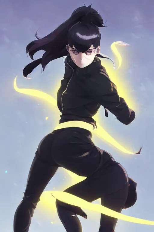 Image similar to black ponytail hair, pale woman in a black zipper jacket, yellow eyes, by artgerm, hair tied in a ponytail, white backdrop, soft lighting, fighting pose, dynamic angle, by greg rutkowski makoto shinkai takashi takeuchi