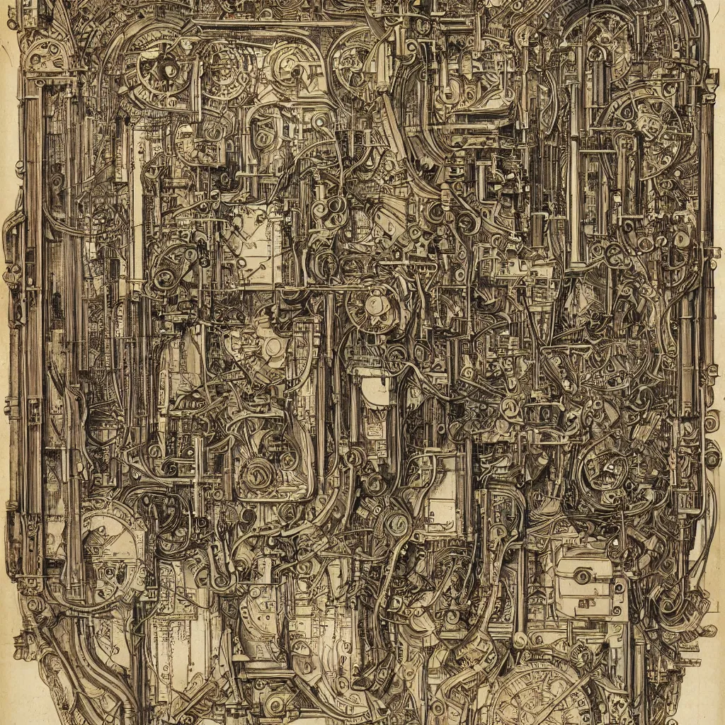 Image similar to close - up on detailed, intricate technical drawings from 1 8 4 0 with extensive written labels and covered in scribbled pencil notes, for a mechanical display attachment to babbage's difference engine, showing a screen playing tetris, beautiful, symmetric, art nouveau