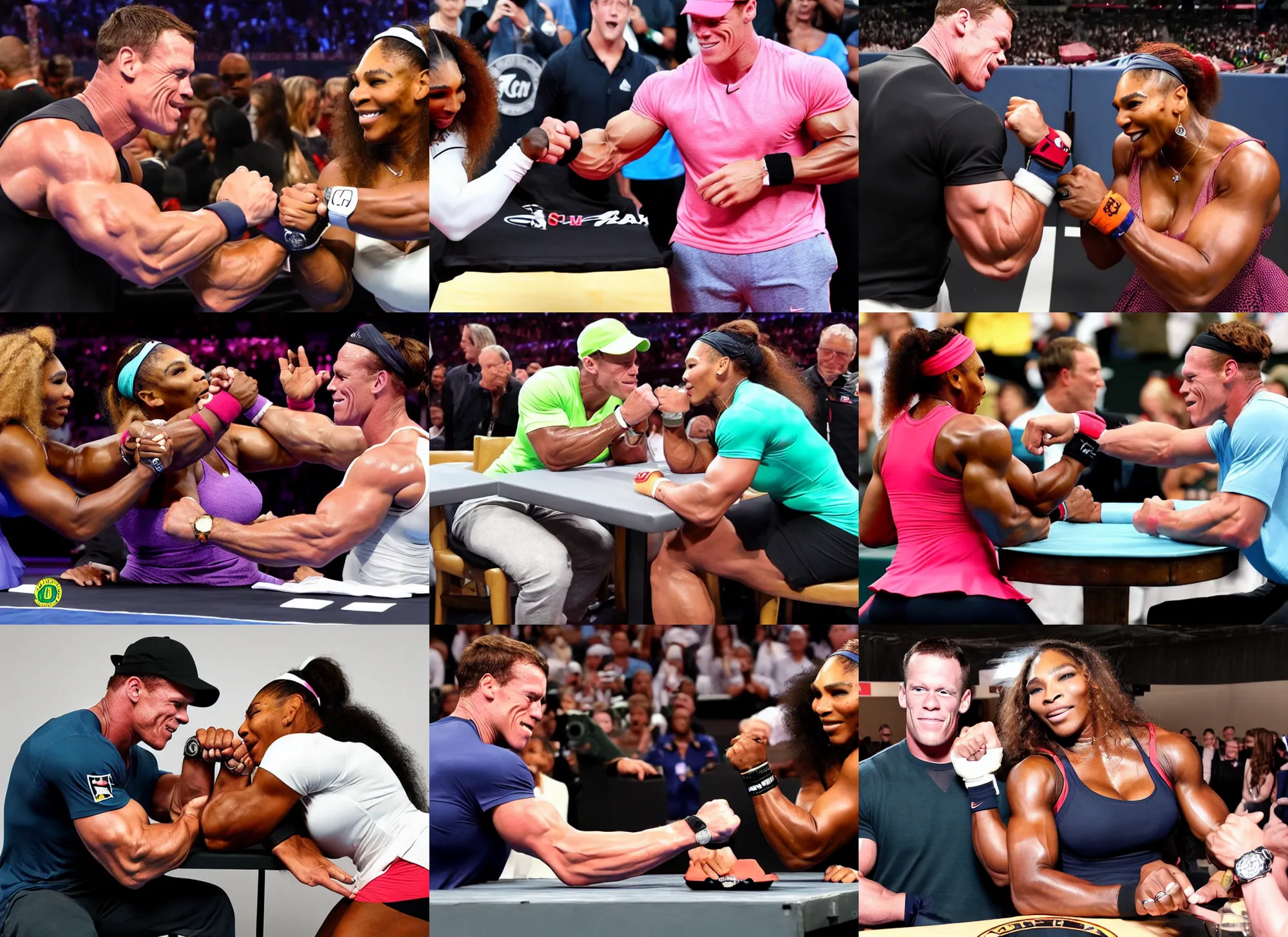 Prompt: Serena Williams arm wrestling John Cena