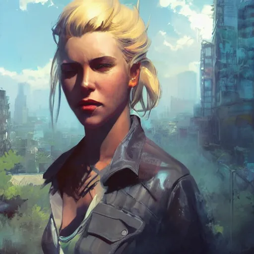 Image similar to fallout 5, charismatic beautiful rugged blonde female protagonist, portrait, outdoors tropical cityscape, atmospheric lighting, painted, intricate, volumetric lighting, beautiful, daytime, sunny weather, few clouds, sharp focus, deep colours, ultra detailed, art by krenz cushart and wenjun lin