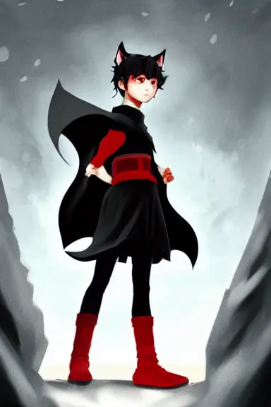 Image similar to little boy with cat ears in an black outfit with red cape. digital artwork made by lois van baarle and kentaro miura and marc simonetti, sharpness focus, inspired by hirohiko araki and noir film, anatomically correct, heroic composition, hero pose, smooth