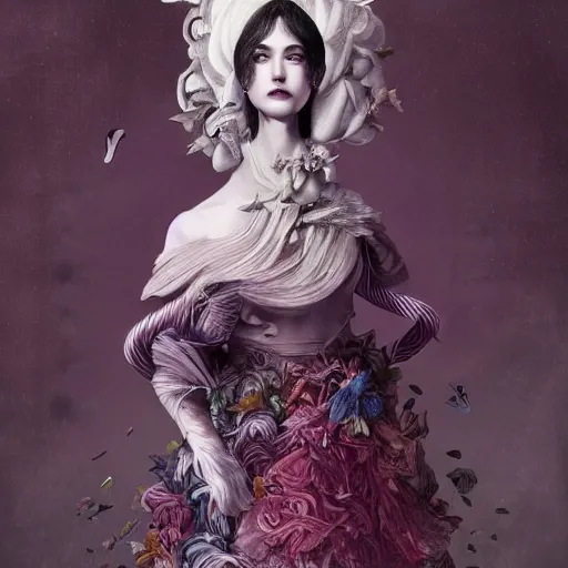 Image similar to actionism, soft painting curiosities carnival, beautiful cat head hybrid in full long dress, accurate features, focus, very intricate ultrafine details, black white purple volumetric clouds, award winning masterpiece, octane render 8 k hd, tom bagshaw artstyle