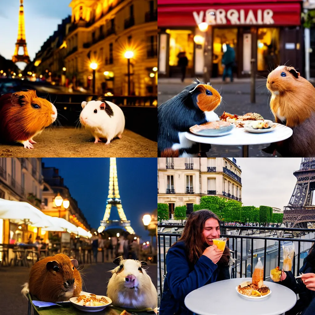 Prompt: two guinea pigs having dinner outside a cafe in Paris in the evening, the eiffel tower is visible in the background