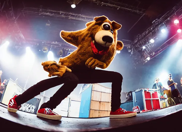 Image similar to photo still of mcgruff the crime dog on stage at vans warped tour!!!!!!!! at age 3 3 years old 3 3 years of age!!!!!!!! shredding on guitar, 8 k, 8 5 mm f 1. 8, studio lighting, rim light, right side key light