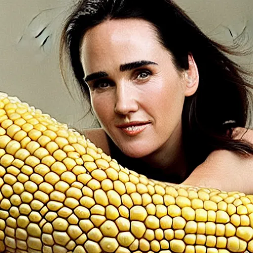 Prompt: jennifer connelly inside a piece of corn